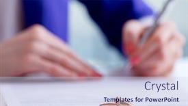  Presentation with agreement signing - Beautiful PPT layouts featuring woman-signing-prenuptial-agreement backdrop and a sky blue colored foreground