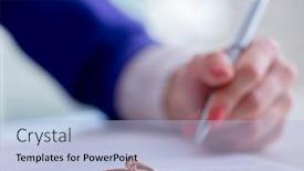  Presentation with agreement signing - PPT theme enhanced with woman-signing-prenuptial-agreement background and a light blue colored foreground