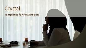  Presentation with tea - Slide set consisting of woman silhouette - enjoying in tea time background and a sky blue colored foreground