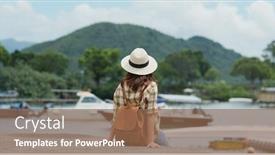  Presentation with woman in sea - Presentation theme with woman-sit-at-the-seaside background and a violet colored foreground