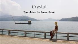  Presentation with water sun - Audience pleasing PPT theme consisting of woman sit near the water at the sun moon lake in nantou taiwan backdrop and a sky blue colored foreground