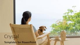  Presentation with guide dog helping blind woman - Slide set consisting of woman-sit-on-chair background and a coral colored foreground