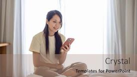  Presentation with mobile use - PPT theme enhanced with woman-sit-on-the-bed background and a coral colored foreground