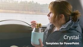  Presentation with food window - Theme having woman-sits-in-her-car background and a ocean colored foreground