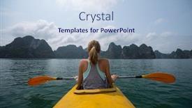  Presentation with kayak - Colorful presentation enhanced with woman sits in the yellow kayak and enjoys the ha long bay view in vietnam backdrop and a sky blue colored foreground
