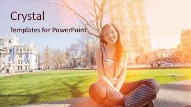  Presentation with full length portrait two men women brown sweater - Colorful PPT theme enhanced with woman sitting against westminster abbey backdrop and a  colored foreground