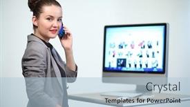  Presentation with desk - Slides featuring woman-sitting-at-a-computer background and a light blue colored foreground