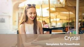  Presentation with reading table - Colorful PPT theme enhanced with woman sitting at a table reading on a tablet backdrop and a coral colored foreground