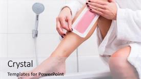  Presentation with tub - PPT layouts with woman sitting at edge of tub in bathroom using wax strips for depilation background and a light gray colored foreground
