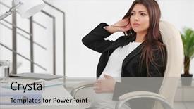  Presentation with pregnant woman cleaning - Cool new presentation theme with woman sitting at her workplace backdrop and a light gray colored foreground