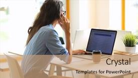  Presentation with woman office desk - Slides consisting of woman sitting at office desk background and a coral colored foreground