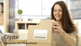  Presentation with young business woman smile show - Colorful PPT theme enhanced with woman sitting at table open backdrop and a coral colored foreground