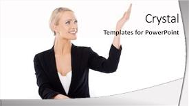  Presentation with desk - PPT theme consisting of woman sitting at the desk background and a  colored foreground