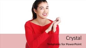  Presentation with sit stand desk - Beautiful slide deck featuring woman sitting at the desk backdrop and a red colored foreground