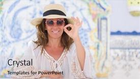  Presentation with music sign colorful - Beautiful slide set featuring woman sitting at the table backdrop and a  colored foreground