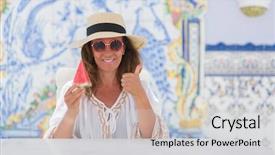  Presentation with age discrimination - Colorful PPT theme enhanced with woman sitting at the table backdrop and a  colored foreground