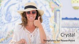  Presentation with woman - Slide set with woman sitting at the table background and a soft green colored foreground