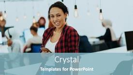  Presentation with woman office desk - Presentation design with woman-sitting-at-workplace-desk background and a light blue colored foreground