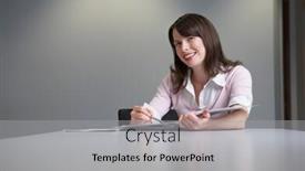  Presentation with writing notes - Audience pleasing presentation theme consisting of woman-sitting-behind-desk-writing backdrop and a light gray colored foreground