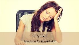  Presentation with woman sad - Audience pleasing PPT theme consisting of woman sitting behind the desk backdrop and a coral colored foreground