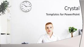  Presentation with woman office desk - Audience pleasing theme consisting of woman sitting behind the desk backdrop and a sky blue colored foreground