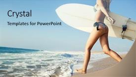  Presentation with girl running on the beach clouds - Presentation design consisting of woman sitting bikini beach - beauitful young surfer girl running background and a light blue colored foreground