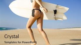  Presentation with girl running on the beach clouds - Amazing slide deck having woman sitting bikini beach - beauitful young surfer girl running backdrop and a coral colored foreground