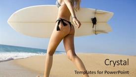  Presentation with girl running on the beach clouds - PPT theme featuring woman sitting bikini beach - beauitful young surfer girl running background and a coral colored foreground