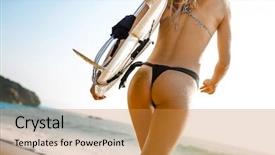  Presentation with running - PPT layouts with woman sitting bikini beach - beauitful young surfer girl running background and a gold colored foreground