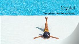  Presentation with swimming pool - Slide deck with woman sitting bikini beach - top view of a girl background and a cyan colored foreground