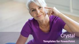  Presentation with fitness for senior citizens - Beautiful PPT theme featuring woman sitting by fitness ball backdrop and a violet colored foreground