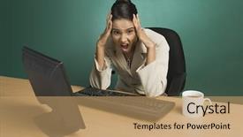  Presentation with looking for their - Slide set with woman sitting desk green background - businesswoman looking disappointed background and a  colored foreground