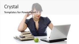  Presentation with laptop - Slides featuring woman sitting desk green background - laptop background and a  colored foreground