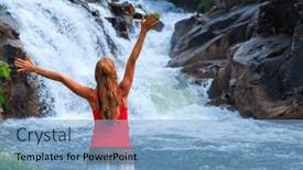  Presentation with waterfall woman - Slide deck consisting of woman-sitting-enjoying-amazing-waterfall background and a light blue colored foreground
