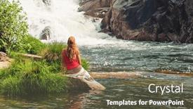  Presentation with waterfall woman - Presentation theme consisting of woman-sitting-enjoying-amazing-waterfall background and a dark gray colored foreground