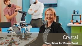  Presentation with invention - Presentation theme featuring woman-sitting-in-a-laboratory background and a tawny brown colored foreground
