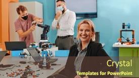  Presentation with invention - PPT theme featuring woman-sitting-in-a-laboratory background and a tawny brown colored foreground