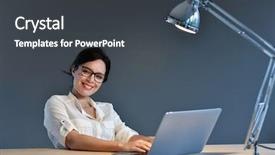  Presentation with front desk - Cool new presentation design with woman sitting in front backdrop and a dark gray colored foreground