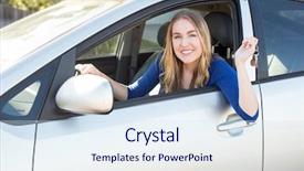  Presentation with car body repairer holding - Theme enhanced with woman sitting in her car background and a  colored foreground