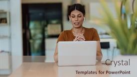  Presentation with interview - Presentation theme having woman-sitting-in-living-room background and a mint green colored foreground