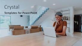  Presentation with questions - PPT layouts enhanced with woman-sitting-in-living-room background and a light blue colored foreground