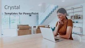  Presentation with questions - Presentation design enhanced with woman-sitting-in-living-room background and a light blue colored foreground