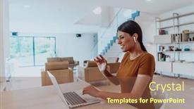  Presentation with job interview - Slide set consisting of woman-sitting-in-living-room background and a tawny brown colored foreground