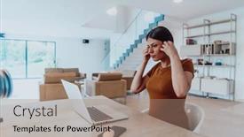  Presentation with job interview - PPT theme with woman-sitting-in-living-room background and a coral colored foreground