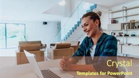  Presentation with job interview - PPT layouts consisting of woman-sitting-in-living-room background and a coral colored foreground