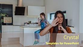  Presentation with questions - Presentation theme having woman-sitting-in-living-room background and a violet colored foreground