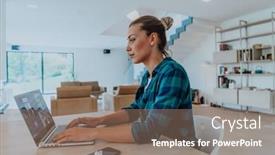  Presentation with job interview - Presentation theme featuring woman-sitting-in-living-room background and a coral colored foreground