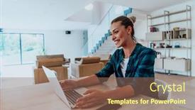  Presentation with job interview - Presentation design having woman-sitting-in-living-room background and a coral colored foreground