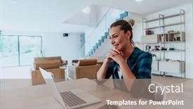  Presentation with interview - PPT theme having woman-sitting-in-living-room background and a gray colored foreground