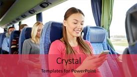  Presentation with road bus - Slide deck featuring woman sitting in travel bus background and a  colored foreground